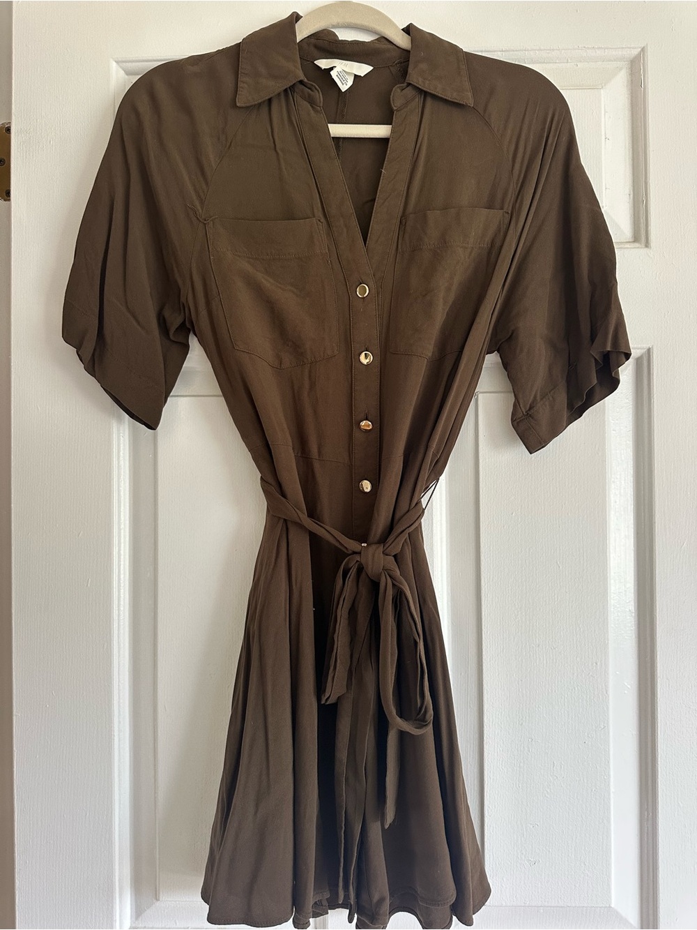 H&M Brown Button-Front Tie-Waist Mini Shirt Dress